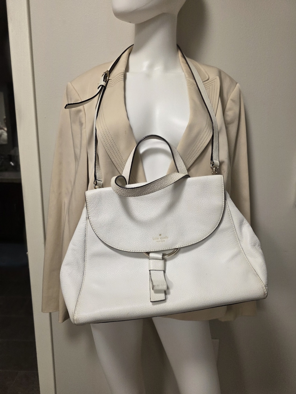 kate spade White Pebbled Leather Flap Tote with Top Handle